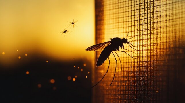 Silhouette of a Mosquito on a Window Screen During Golden Hour Sunset