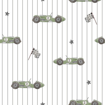 Vintage Green Racing Car Seamless Pattern with Checkered Flags and Stripes