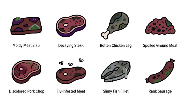 Set of hand drawn icons depicting various types of spoiled and rotten meat products.