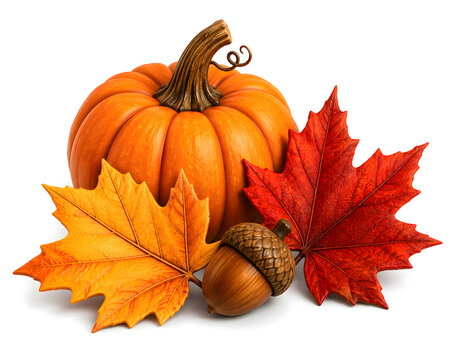 Autumn Equinox Elements Featuring an Orange Pumpkin, Colorful Maple Leaves, and an Acorn for Fall and Thanksgiving Design Assets