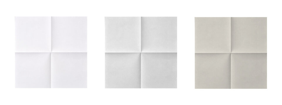 Three folded square papers with crease lines isolated on transparent background