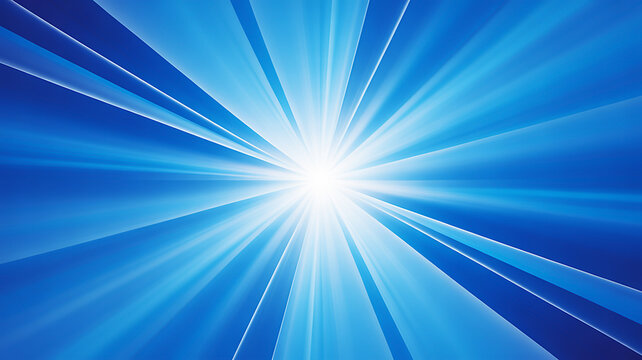 A vibrant blue and white radial sunburst background featuring dynamic light rays emanating from a central point of brilliant glowing energy