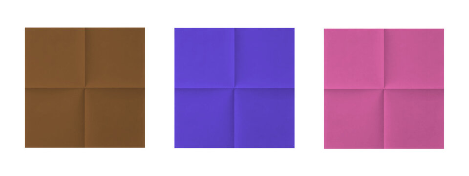 Set of three square paper sheets in brown, purple, and pink colors, each folded into four equal quadrants, realistic texture with subtle crease lines, topdown view isolated on transparent background
