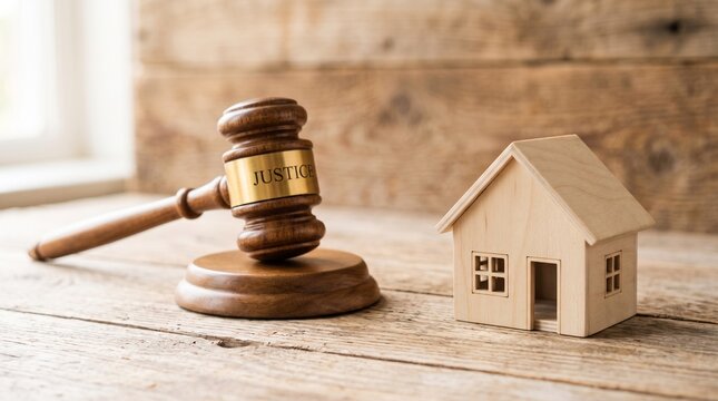 Wooden judge gavel and small house model on rustic desk, real estate auction and property law concept, foreclosure and legal housing justice