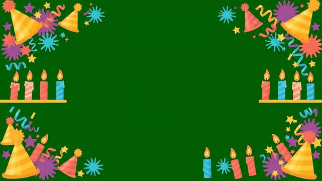 Vibrant birthday background with festive party hats and glowing candles arranged in corners on a dark green backdrop perfect for celebratory invitation card concepts
