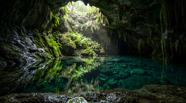 Tropical cenote cave with sunlight rays hitting crystal clear blue water pool