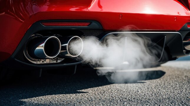 Red sport car exhaust pipes release white smoke on cold day. Closeup of automotive rear detail showing fumes from engine combustion while driving.