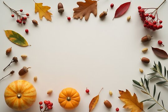 Autumnal frame of colorful leaves pumpkins and berries on a white background