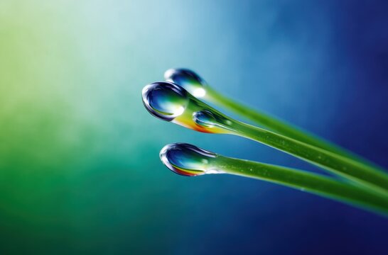 Vibrant Rainbow Dew Drops Clinging to Green Grass Stems Macro