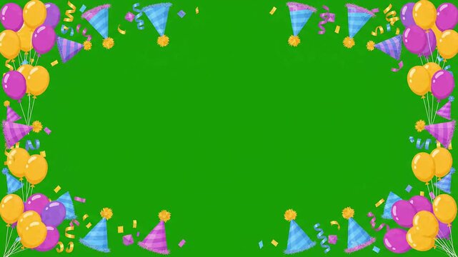 Festive birthday celebration border with colorful balloons streamers and party hats on green screen background for video editing overlays and creative event announcements