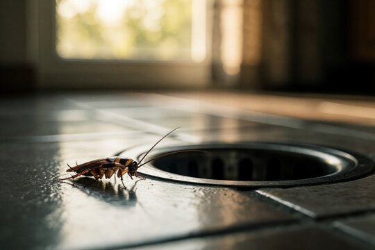 Dead cockroach on kitchen floor tiles near drain. Insect pest control success, germ transmission risk. House hygiene issue illustration. Sanitation problem concept.