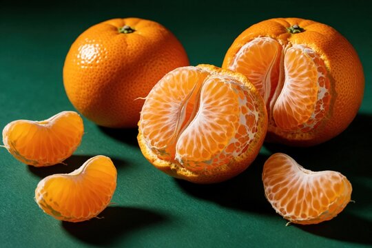 Fresh ripe tangerines on dark green background. Juicy mandarin orange fruit segments, whole citrus fruits lie on table. Sweet citrus snack with peel, pulp provides healthy vitamin C. Close up shot of