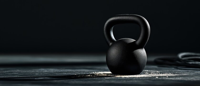 Black kettlebell on textured surface with dramatic lighting and dark background for fitness and strength training concept