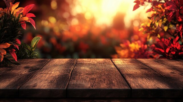 Empty wooden table in a vibrant garden with blooming flowers and warm sunlight, ideal for nature, outdoor dining, botanical, and seasonal promotional use
