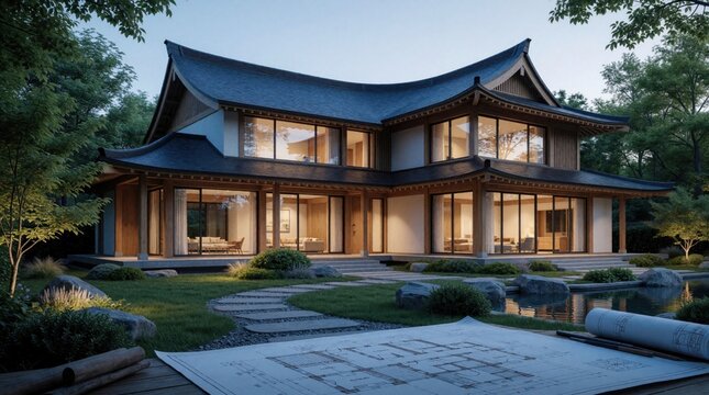 Modern Asian house exterior with japanese rooflines sits in lush garden at dusk. Floor to ceiling windows reveal illuminated interior rooms. Blueprint plans lie on wooden table.