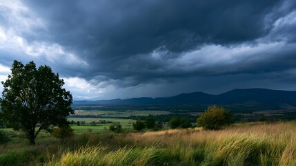 Fototapeta premium Dramatic storm clouds loom over a vast valley with rolling hills and golden grasses under soft seasonal light