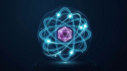Naklejka premium Abstract scientific atom model holographic wireframe nuclear physics concept illustration with hologram wireframe molecule structure futuristic particles