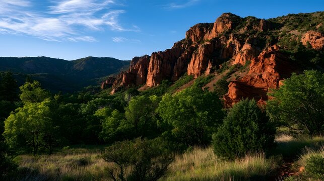 Red rock formations rise above lush green trees under a clear blue sky with wispy clouds overhead
