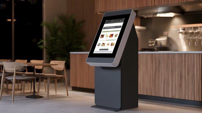 Modern touch screen kiosk for ordering food displayed in a contemporary restaurant setting with wooden furniture and ambient lighting