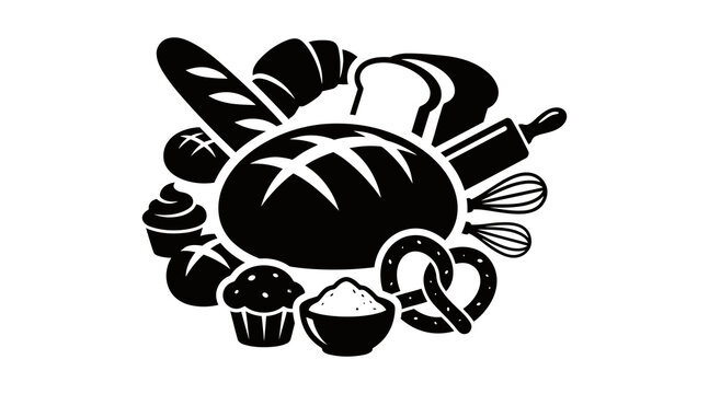 Black and white illustration of various baked goods including bread baguette pretzel muffin and baking tools for bakery design