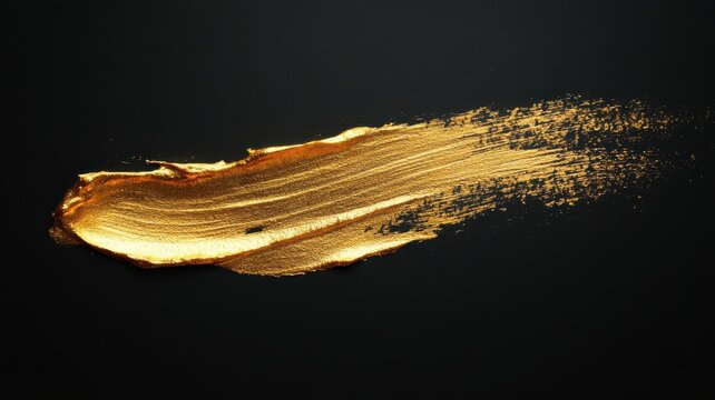 Close-up of a gold metallic brush stroke on a black background, artistic and luxurious texture for design, branding, or creative projects