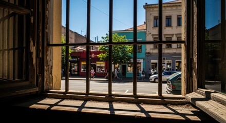 Fototapeta premium A distressed, aged wooden window frame and sill with sturdy dark metal vertical security bars, featuring textured and peeling paint, providing a framed interior, isolated on transparent background.