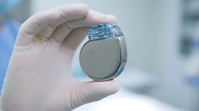 Gloved hand holding medical cardiac pacemaker