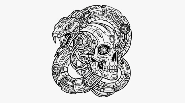 Cybernetic skull and robotic snake mechanical line art