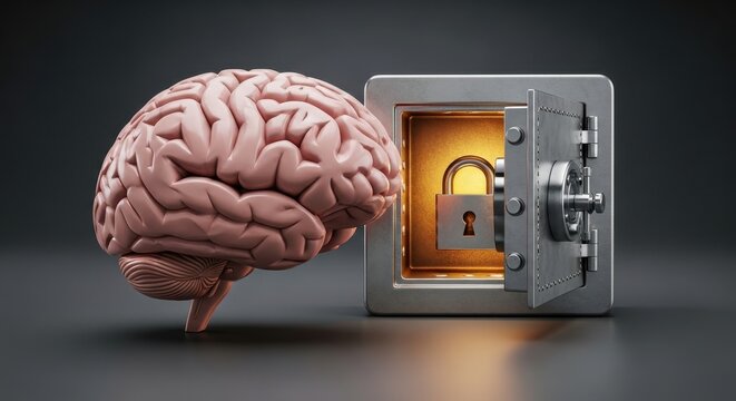 A highly detailed, anatomically accurate, realistic 3D rendered human brain model stands beside a sturdy, brushed metallic vault safe with its heavy door ajar,, isolated on transparent background.