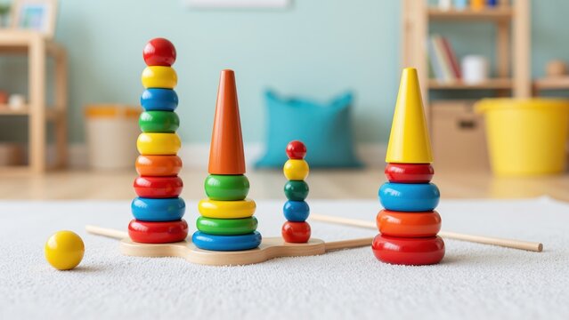 Colorful stacking toys on a soft carpet in a nursery or playroom setting, educational and developmental activity for children, wooden and plastic materials, vibrant colors, creativ