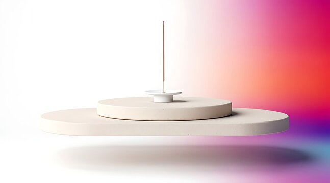 Zen minimalist floating platform with incense stick on colorful gradient background for product display