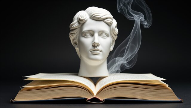 Classical white bust sculpture emerging from an open book with swirling smoke effect, conceptual image of knowledge, history, art, and education themes