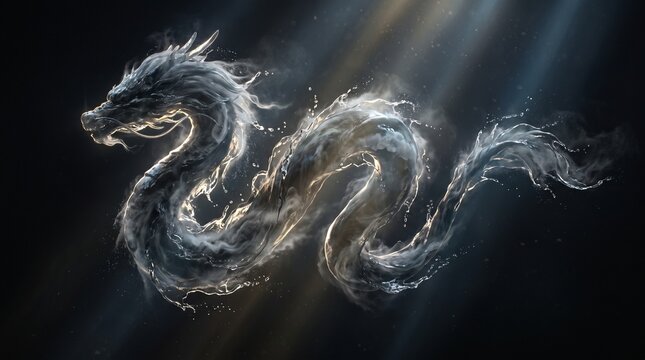 Ethereal water dragon formed from liquid splashes, mystical aquatic creature in dark space, fluid motion dragon art with light rays isolated PNG with Transparent Background