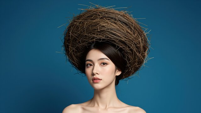 Young woman with a large bird's nest on her head in a studio portrait, natural makeup, neutral facial expression, solid blue background, conceptual art, whimsical and artistic fash