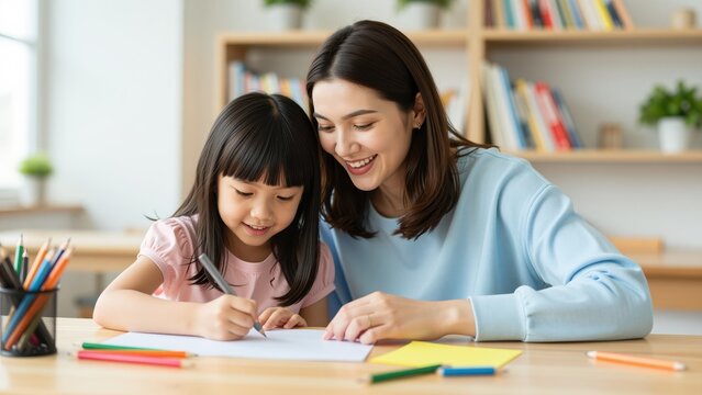 Happy mother and daughter writing together at a table in a bright home, education, learning, family bonding, childhood, creativity, positive parenting, close-up, indoor scene, colo