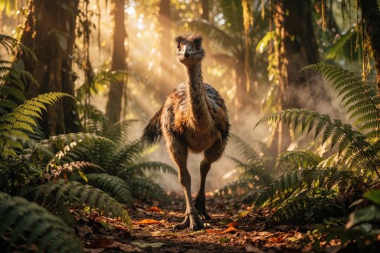 Feathered dinosaur Gallimimus walks in prehistoric jungle. Ancient bird creature moves through fern forest with sun rays. Wild animal in humid tropical woods.