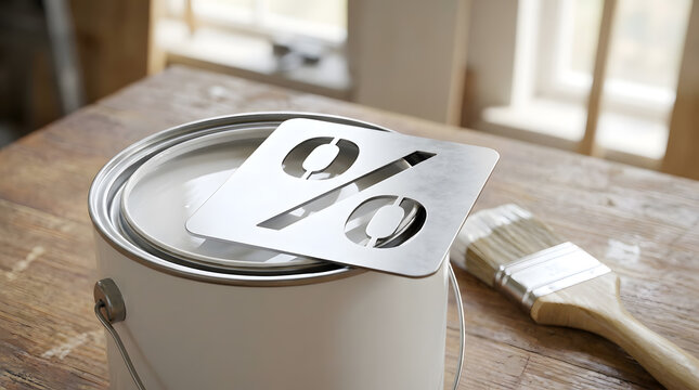 Metal percentage stencil on paint can | DIY home renovation discounts and savings | Real estate property value percentage increase | Renovation costs and budget planning concept