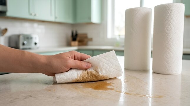Hand Wiping Coffee Spill with Paper Towel on White Quartz Kitchen Countertop Cleaning Concept