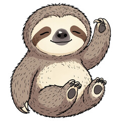 Naklejka premium Cute Sloth Waving Hello: An adorable, cartoonish sloth sits comfortably, its eyes closed in contentment, and raises a paw in a friendly greeting.