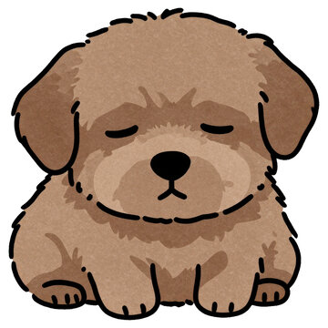 Sad Puppy Eyes: An adorable, sleepy puppy with closed eyes and fluffy brown fur sits dejectedly, evoking sympathy and a desire to comfort.