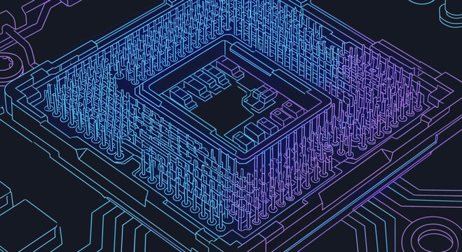 Computer processor socket with pins, digital circuit board schematic