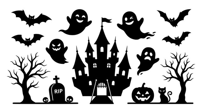 Halloween Silhouette Vector Set. Black Castle, Ghosts, Bats, Trees, Tombstone, Pumpkin Cat. Scarify Strokes, Laser Cutting Stencils, Spooky Symbols for Decoration, Invitation Card, Scrapbooking