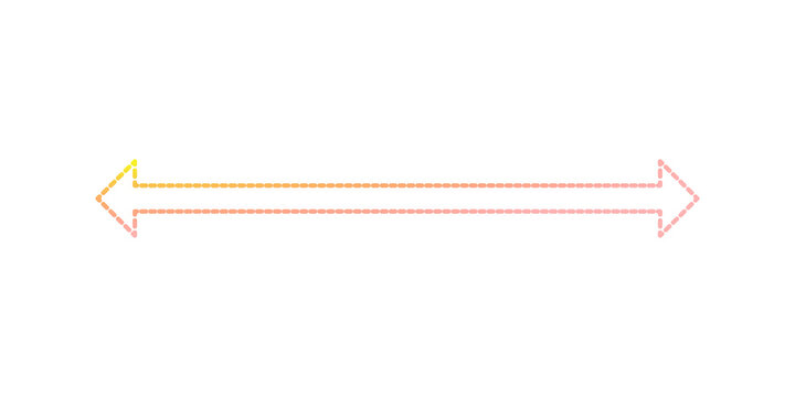 Horizontal double sided arrow icon with a dashed line outline and a colorful orange to yellow gradient stroke for web design graphics and user interface navigation elements transparent background