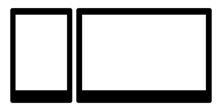 Black frames of a vertical mobile phone and a horizontal tablet computer screen for digital device display and responsive web design mockups with empty space for creative content placement isolated 