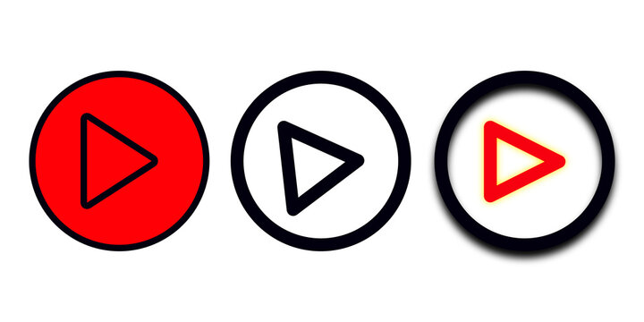 Three different play button icons with circle shapes in red and black colors for media player interface or video streaming website design elements transparent background