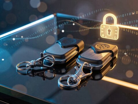 Two electronic car key fobs with glowing digital security padlock icon