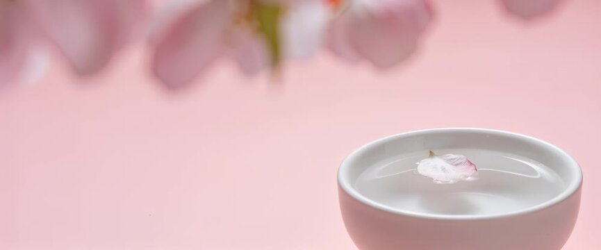 White bowl filled with water and floating petal on soft pink background near blurred sakura blossoms, close-up shot.