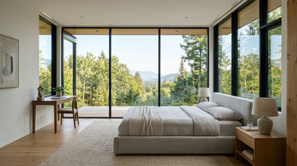 Fototapeta premium Modern bedroom with panoramic mountain and forest views through large windows