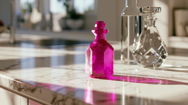 Commercial Photo of 3D Pixel Mana Potion Bottle on Marble Counter for Gamified Health and Energy Concept

