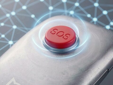 Red SOS button glows, sending emergency signal through network